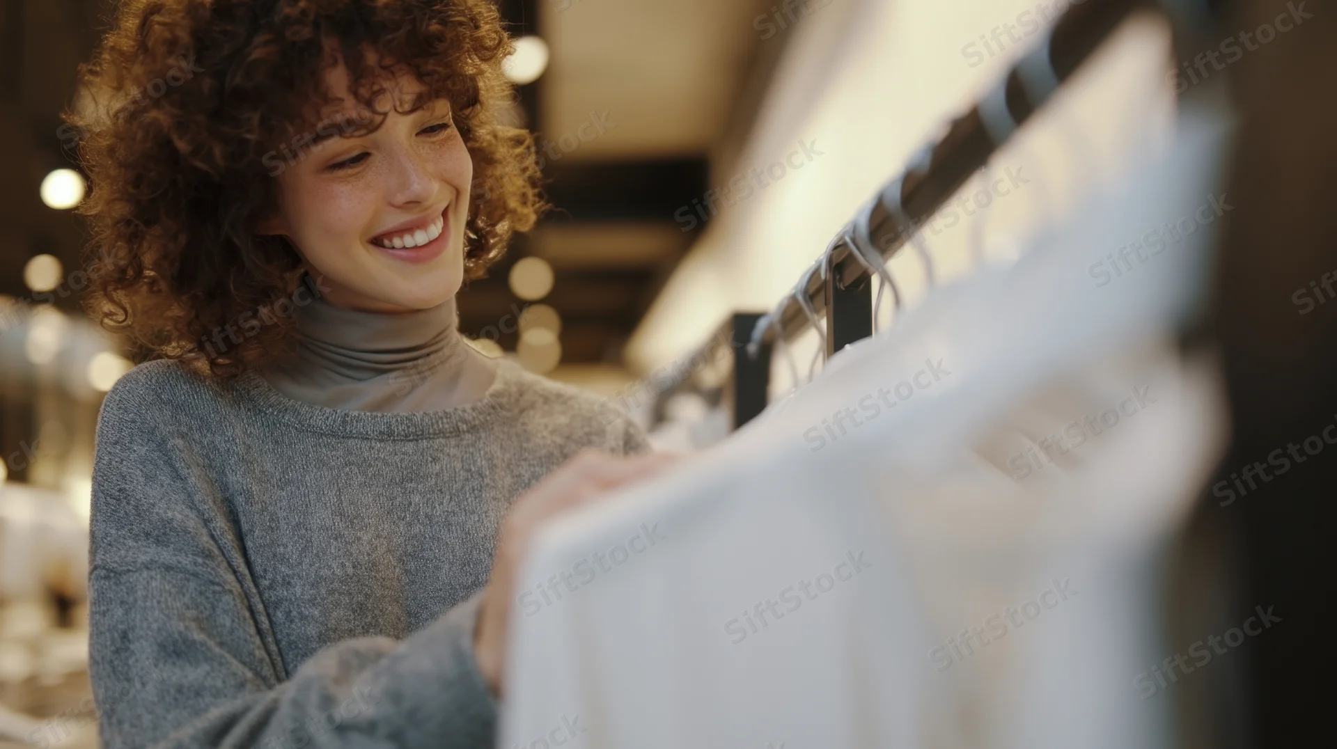 Young woman smiling while browsing clothes on a rack in a store