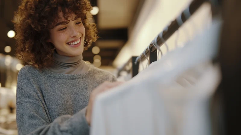 Young woman smiling while browsing clothes on a rack in a store