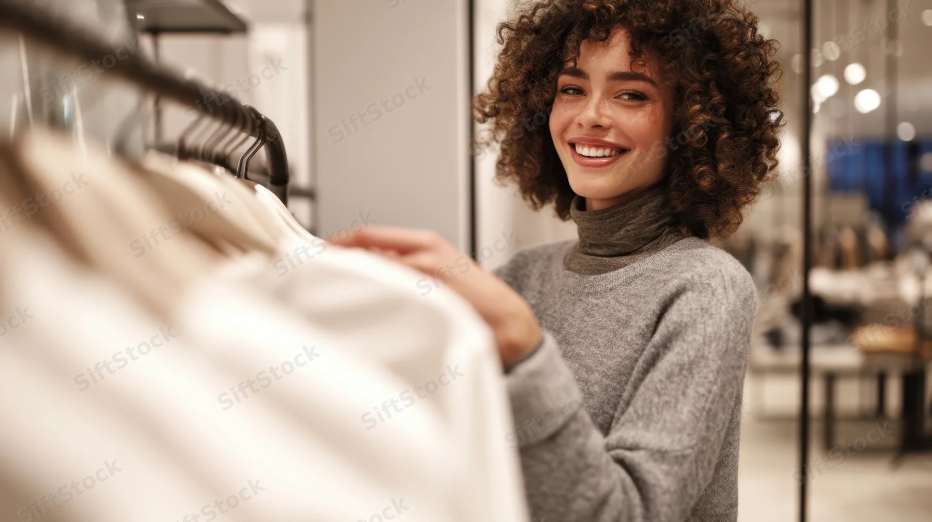 Young woman smiling while browsing clothes on a rack in a boutique store