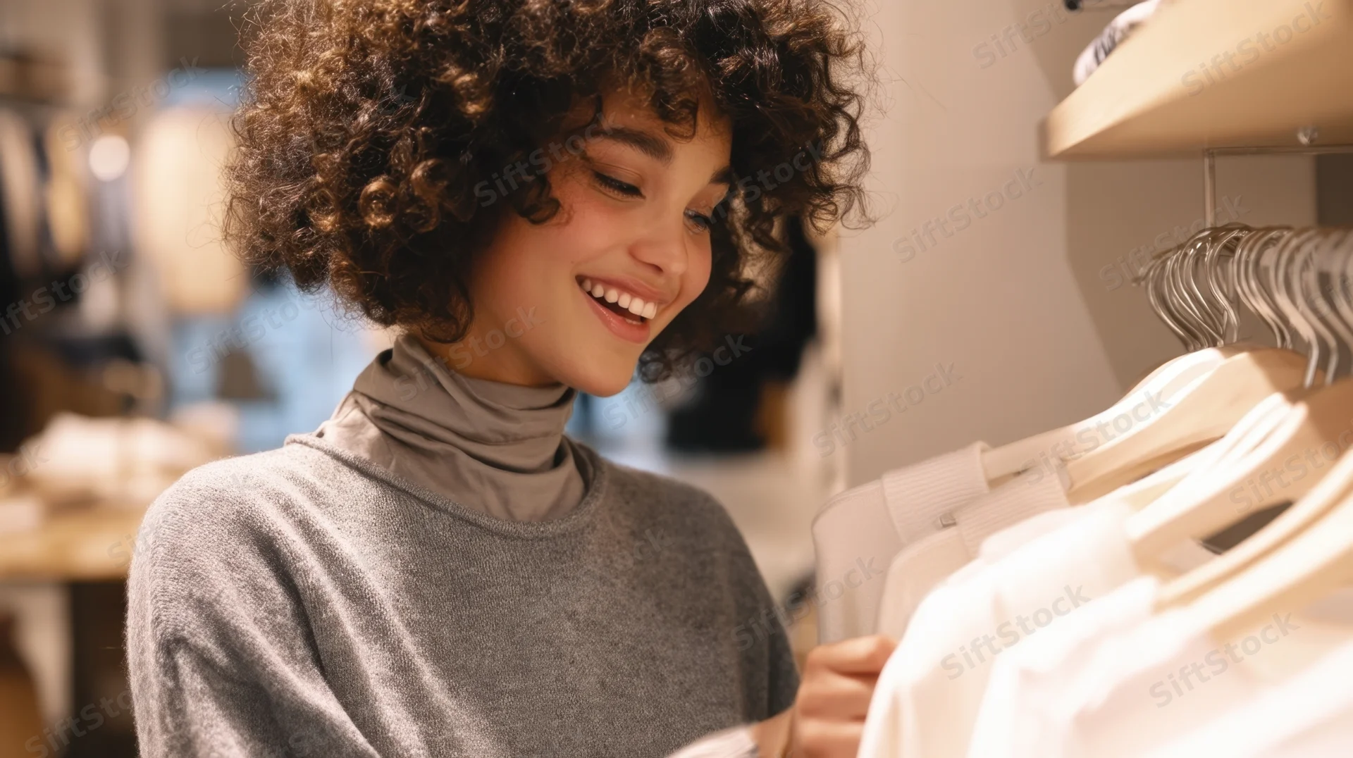 Young woman smiling while browsing clothing on a rack in a boutique