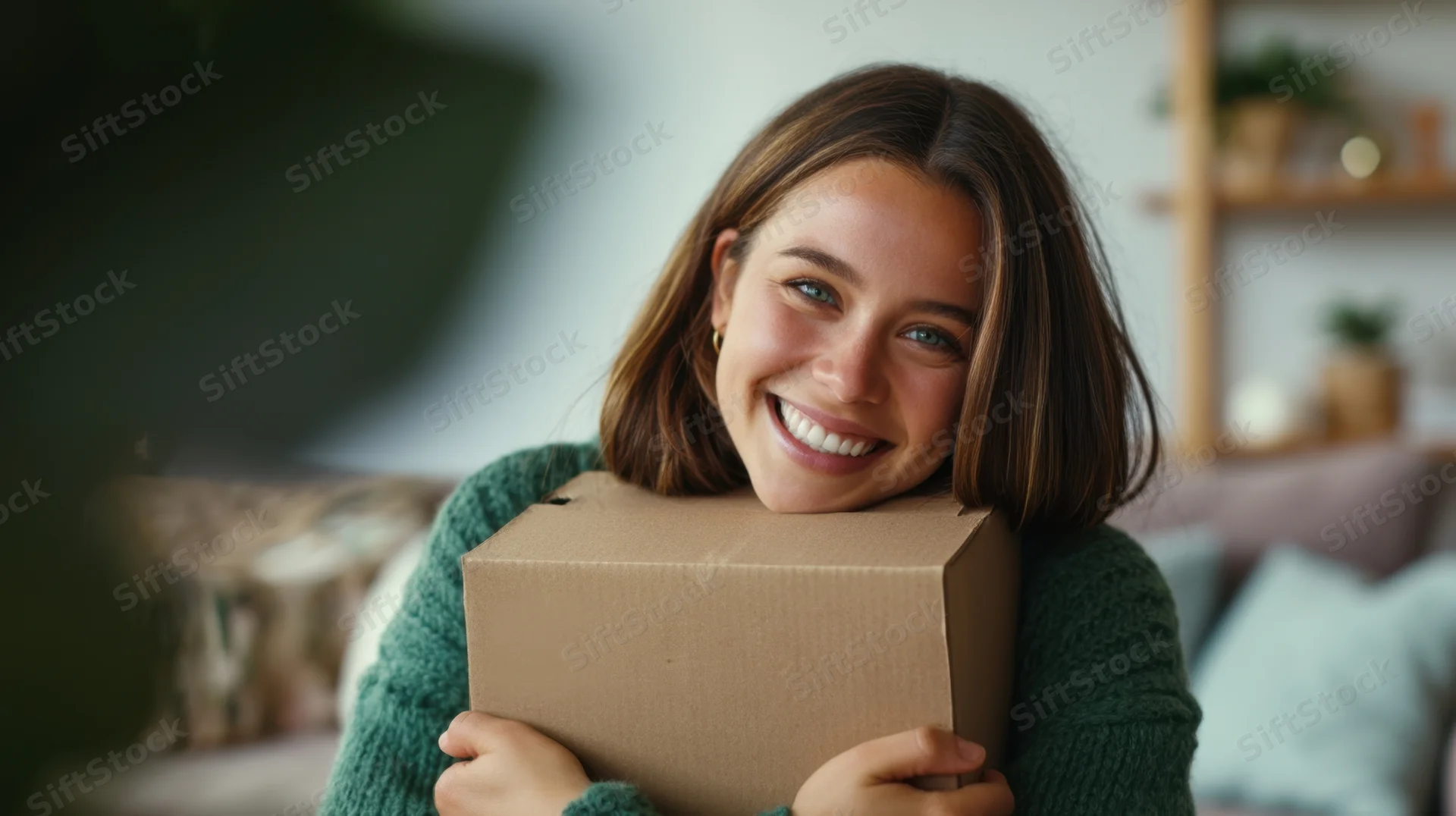 Young woman smiling while hugging a cardboard box in a cozy living room