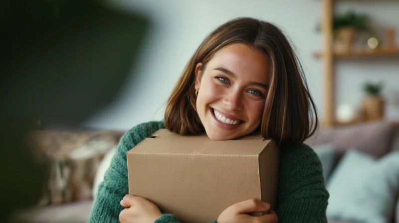 Young woman smiling while hugging a cardboard box in a cozy living room