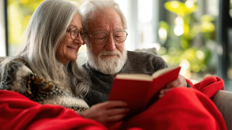 Elderly couple reading a book together under a red blanket in a cozy living room