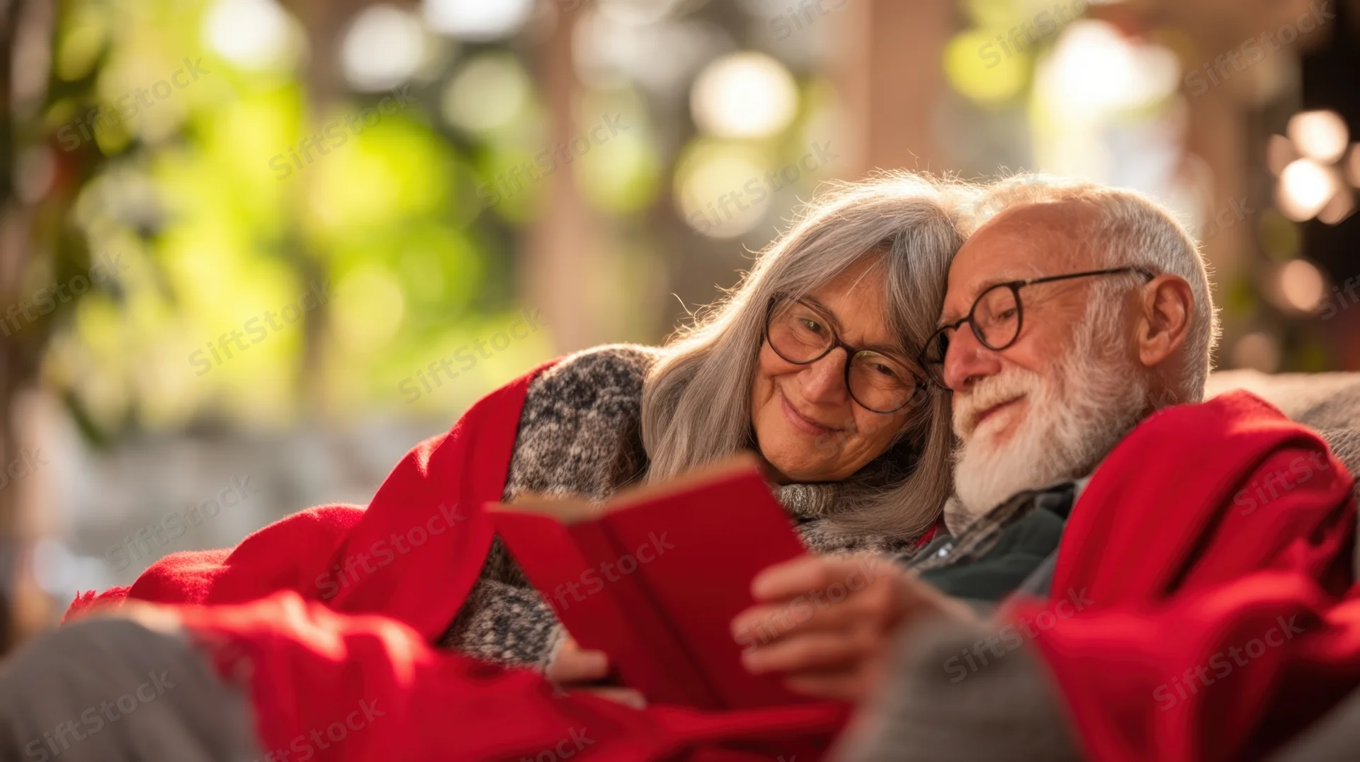Elderly couple reading a book together under a red blanket in a sunlit garden