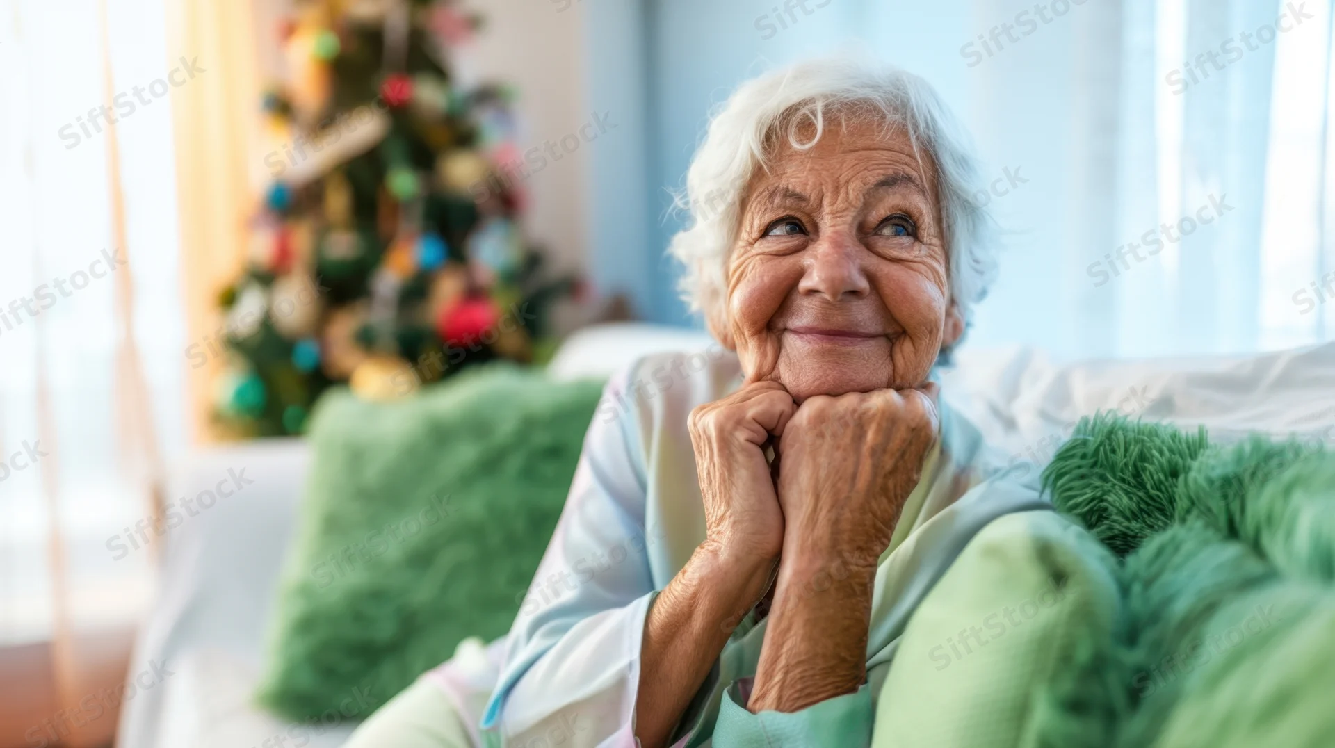 Elderly woman smiling with hands under chin on a couch near a decorated christmas tree