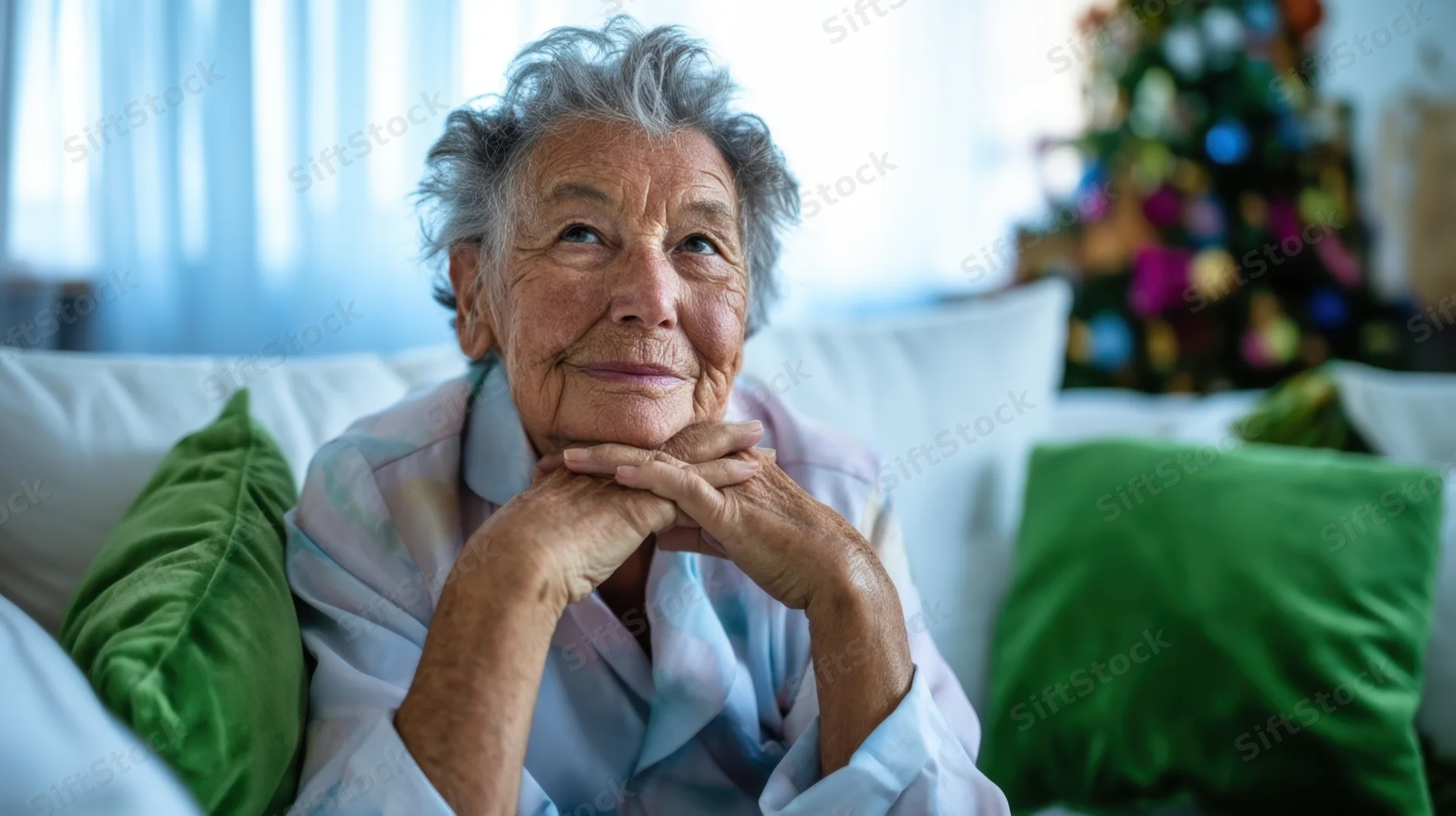 Elderly woman smiling with hands under chin on sofa near christmas tree