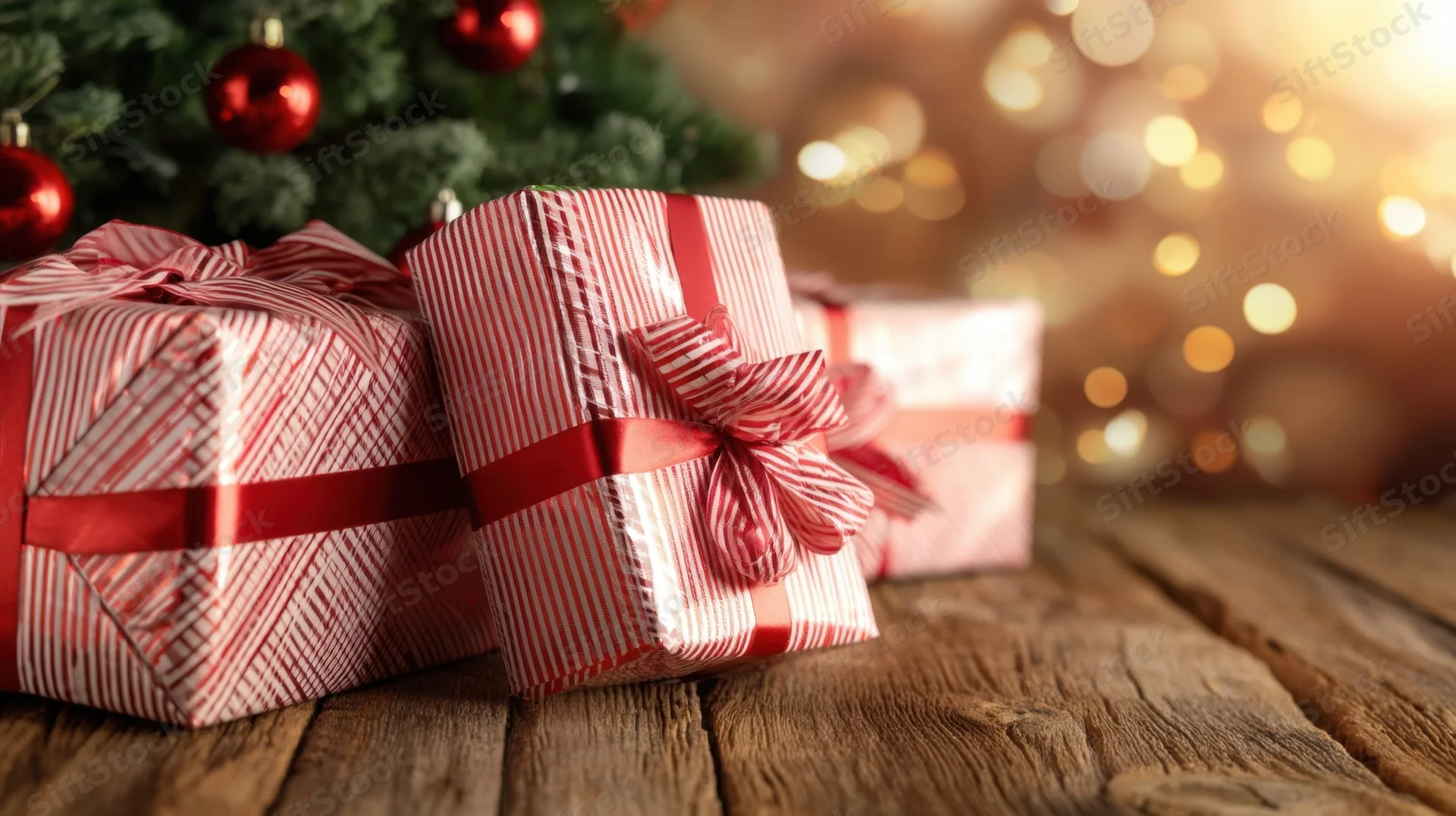 Wrapped gifts with red and white striped paper and ribbons on a wooden floor near a decorated christmas tree with glowing lights in the background