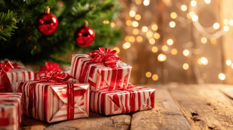 Wrapped gifts with red and white striped paper and bows under a christmas tree on a wooden floor with blurred lights in the background