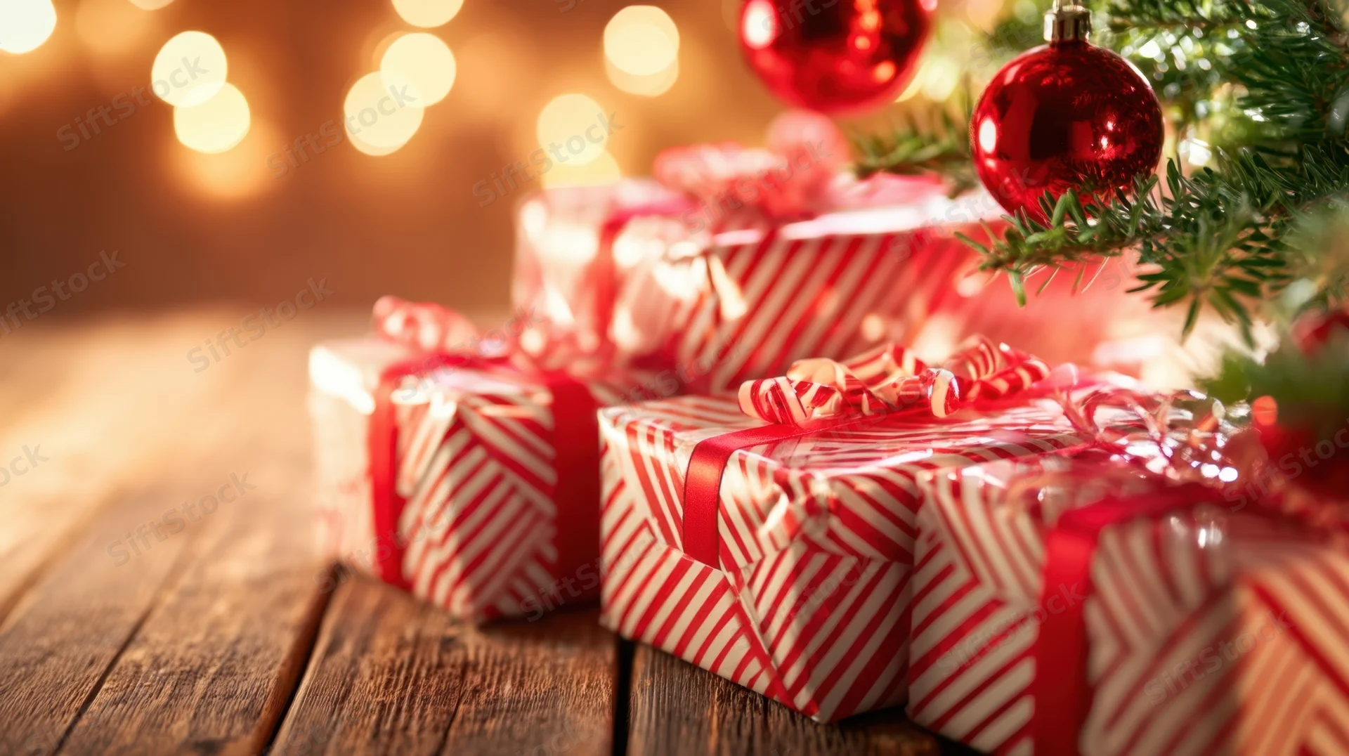 Wrapped gifts under a decorated christmas tree on wooden surface with warm lights in background