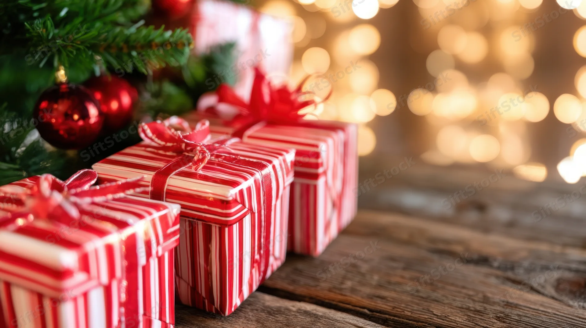 Red and white striped gift boxes with ribbons on a wooden table beside a decorated christmas tree with blurred lights in the background