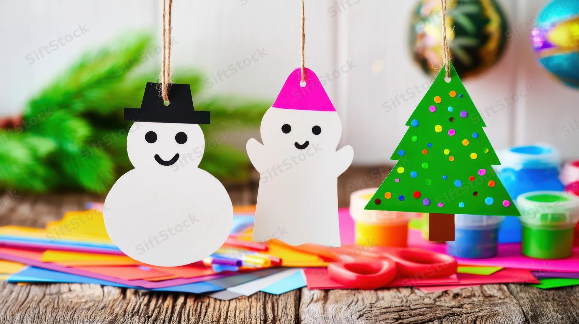 Handmade paper christmas ornaments hanging over a craft table with colorful supplies