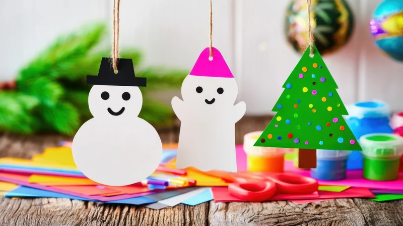 Handmade paper christmas ornaments hanging over a craft table with colorful supplies