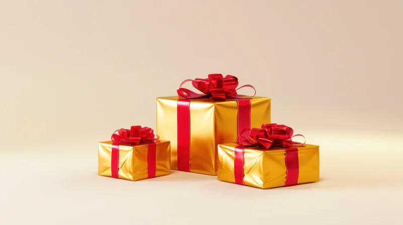 Three golden gift boxes with red ribbons and bows arranged on a beige surface