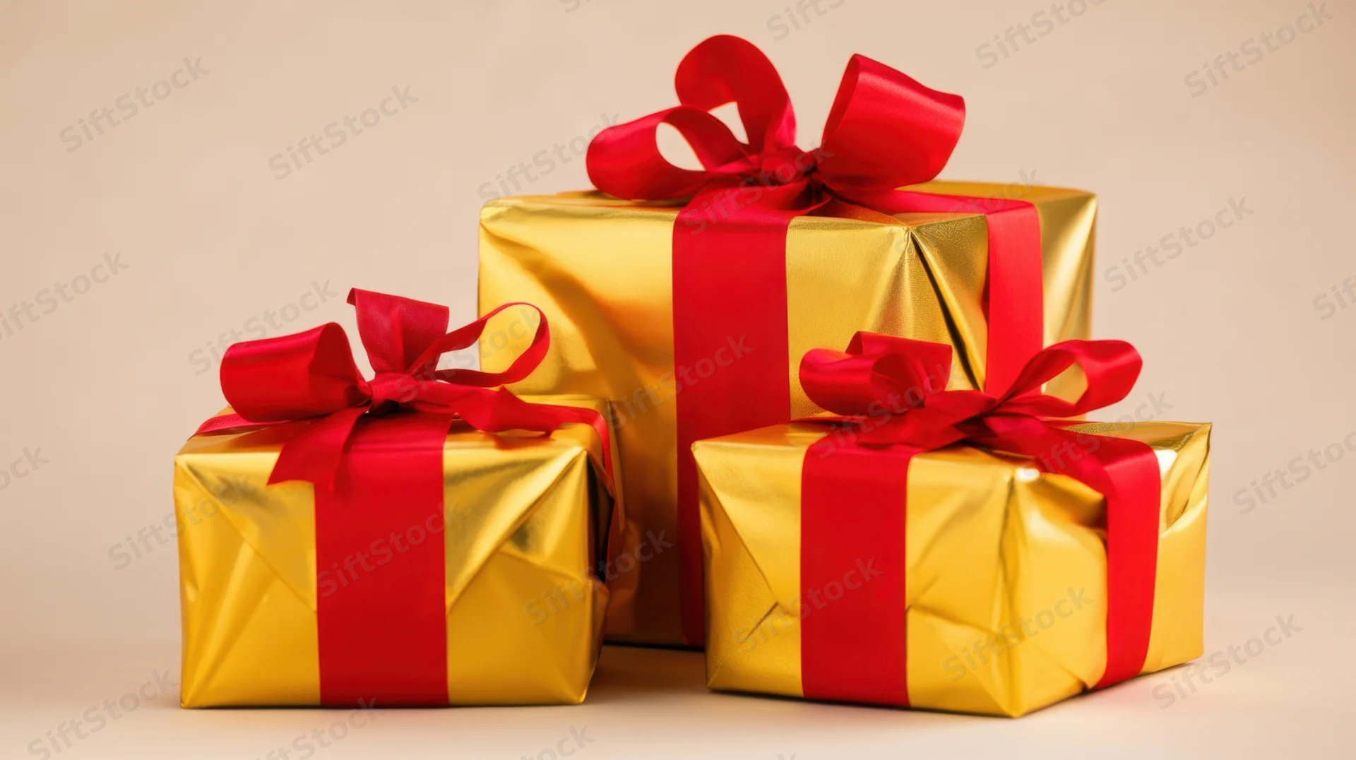 Three gold-wrapped gifts with red ribbons arranged on a neutral surface