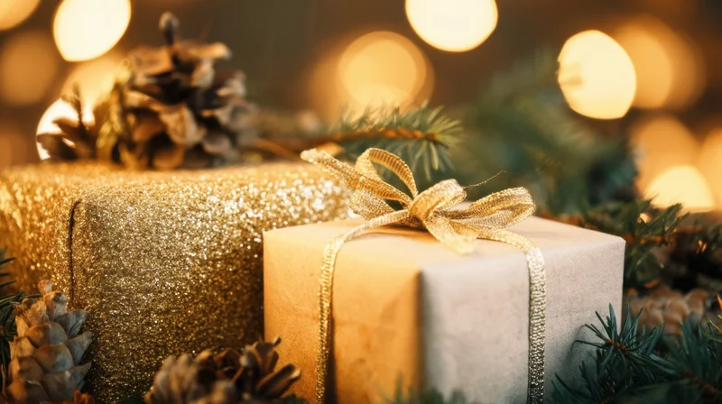 Two wrapped gifts with pinecones and evergreen branches surrounded by warm bokeh lights