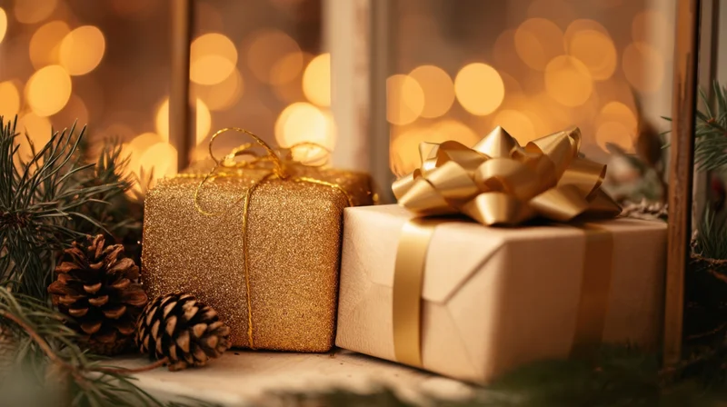 Two wrapped gifts with pinecones and evergreen branches on a surface with warm bokeh lights in the background