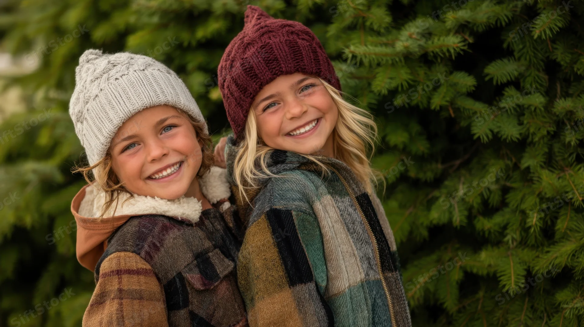 Two children smiling back-to-back in winter hats and plaid jackets outdoors by evergreen trees