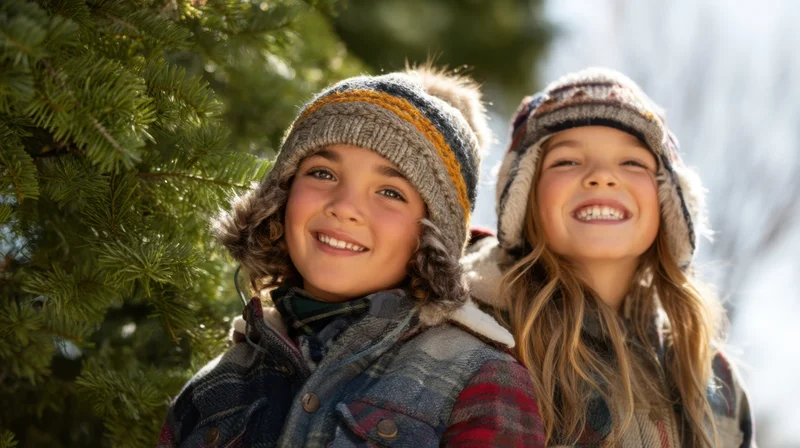 Two children smiling in winter clothing beside a pine tree outdoors