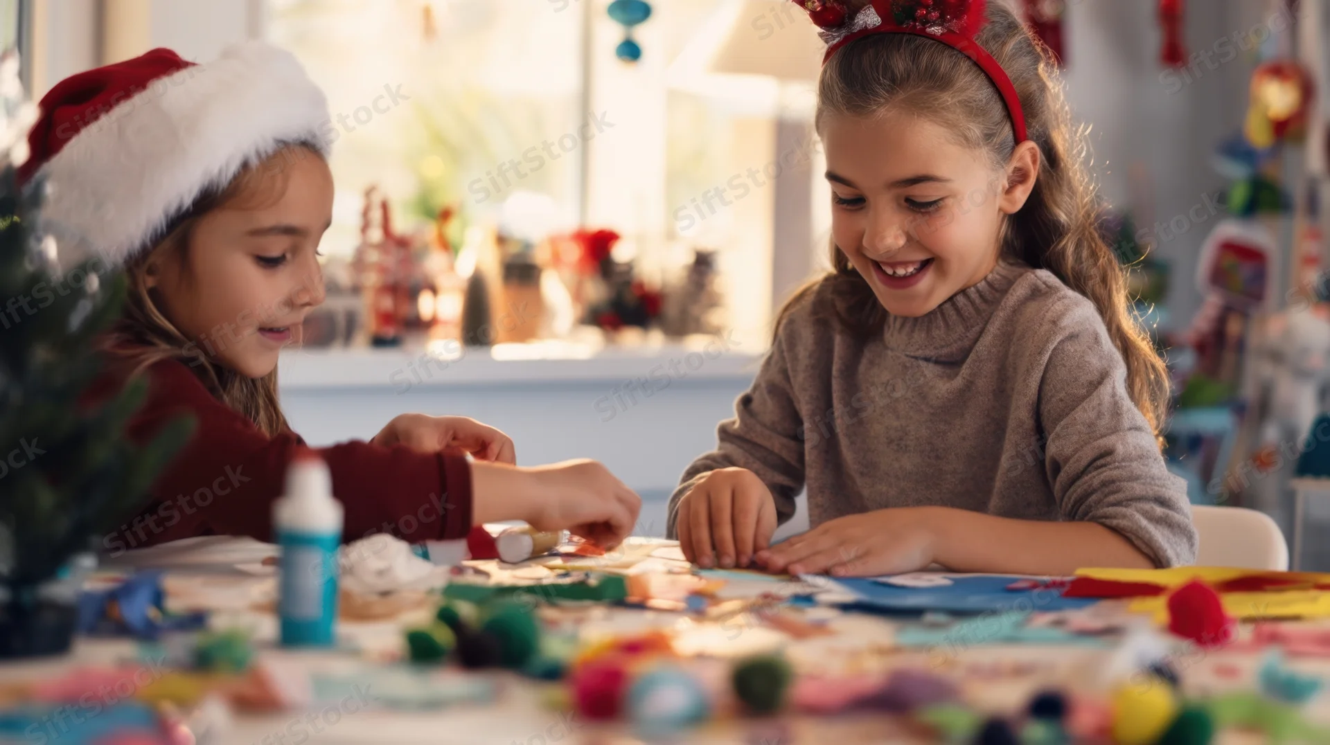 Two girls crafting christmas decorations at a table in a home setting