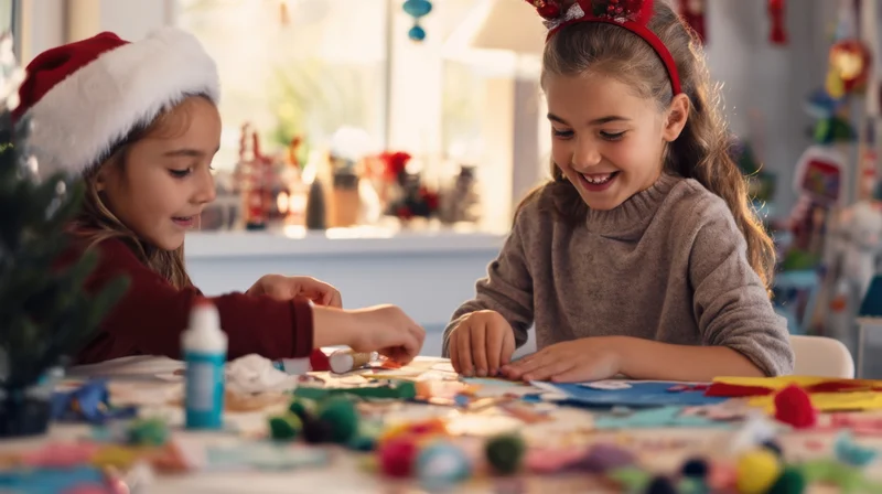 Two girls crafting christmas decorations at a table in a home setting