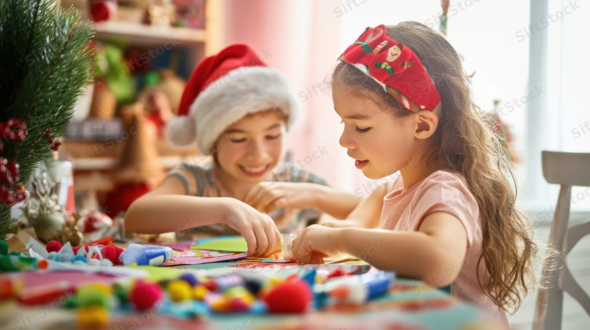Two children crafting holiday decorations at a table indoors