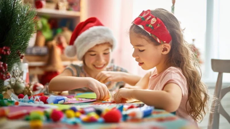 Two children crafting holiday decorations at a table indoors