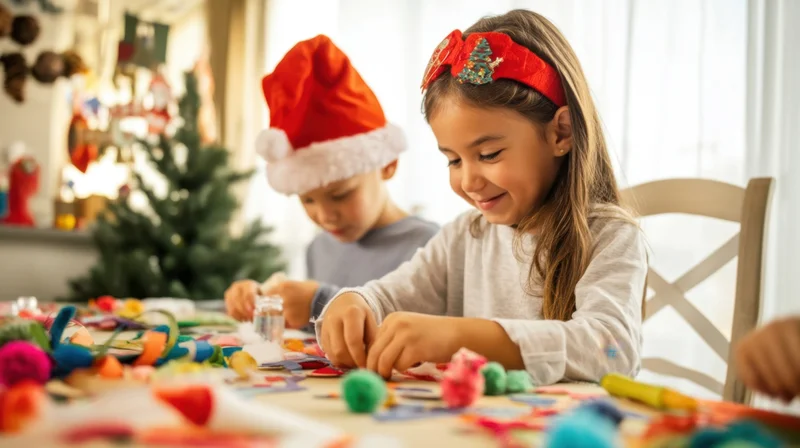 Two children crafting christmas decorations at a table in a home setting