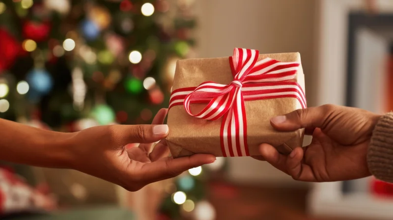 Two hands exchanging a wrapped gift in front of a decorated christmas tree