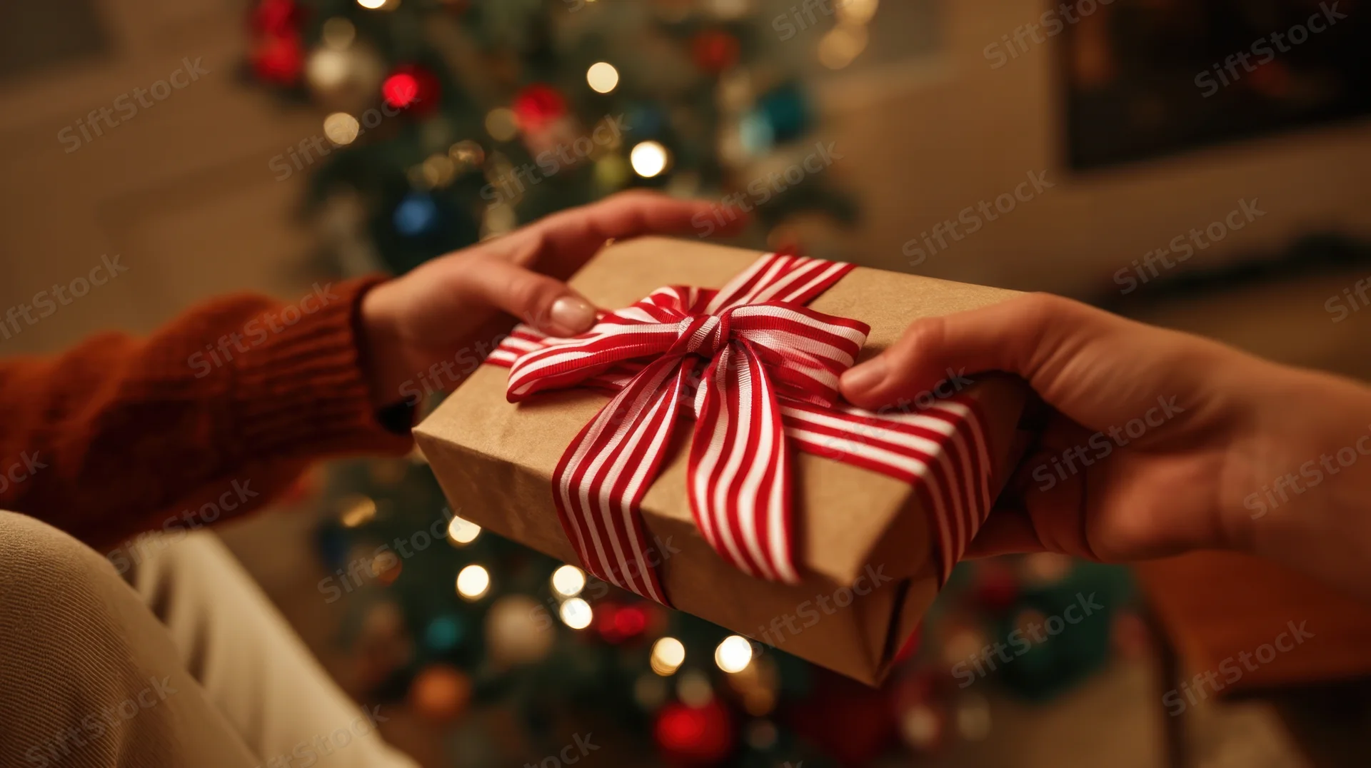 Two hands exchanging a wrapped gift in front of a decorated christmas tree
