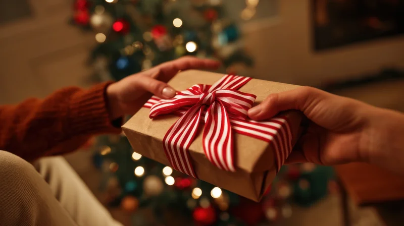 Two hands exchanging a wrapped gift in front of a decorated christmas tree
