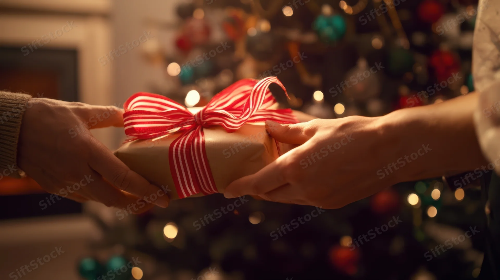 Two hands exchanging a wrapped gift in front of a decorated christmas tree
