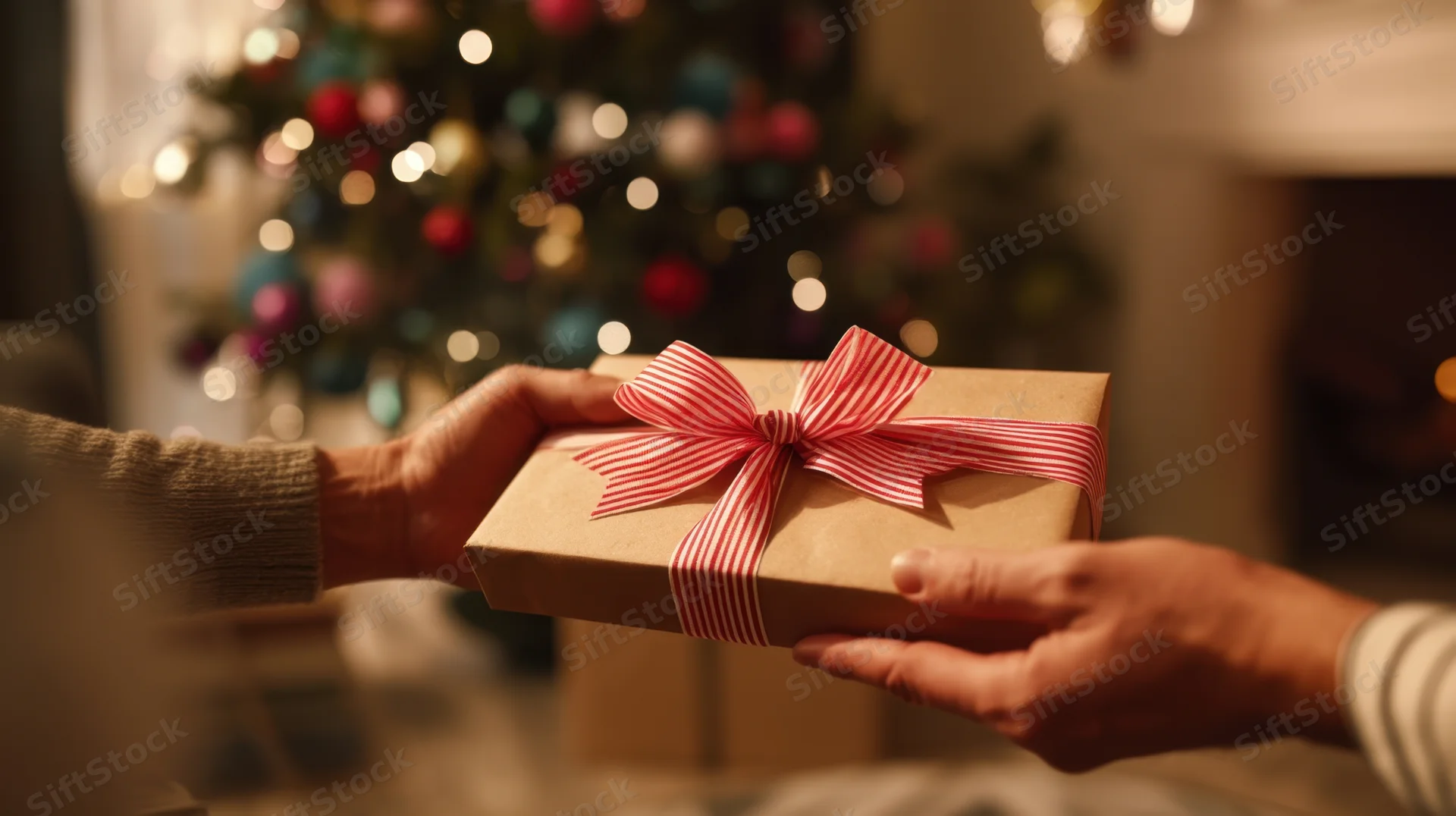 Two hands exchanging a wrapped gift in front of a decorated christmas tree