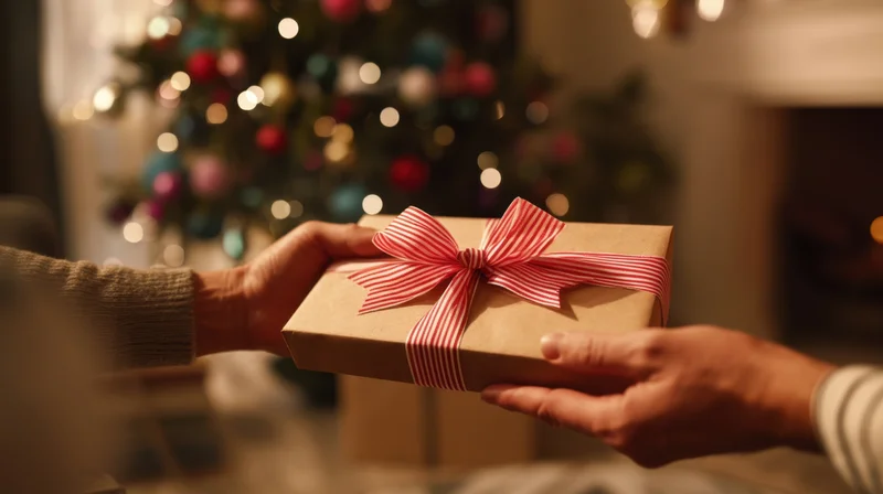 Two hands exchanging a wrapped gift in front of a decorated christmas tree