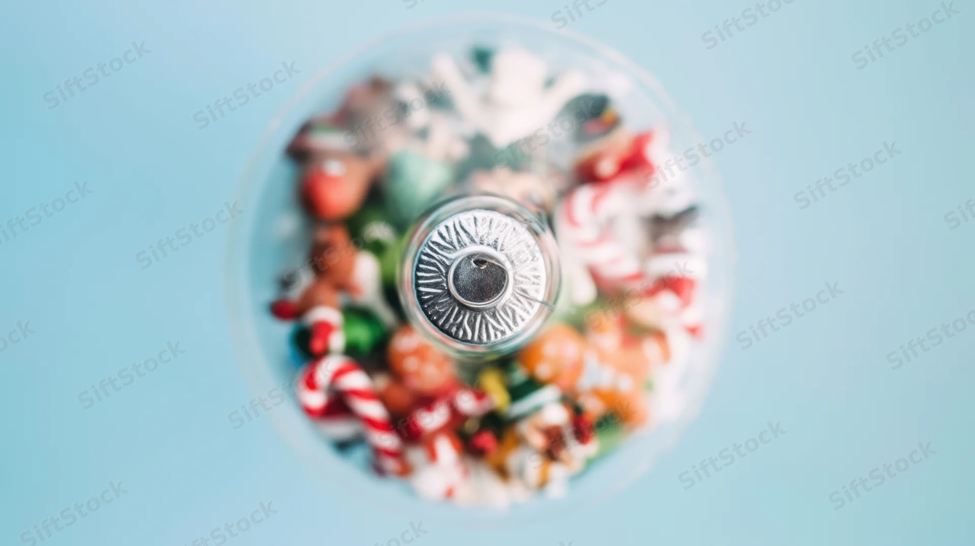Overhead view of a glass bowl filled with colorful christmas ornaments and candy canes on a blue background