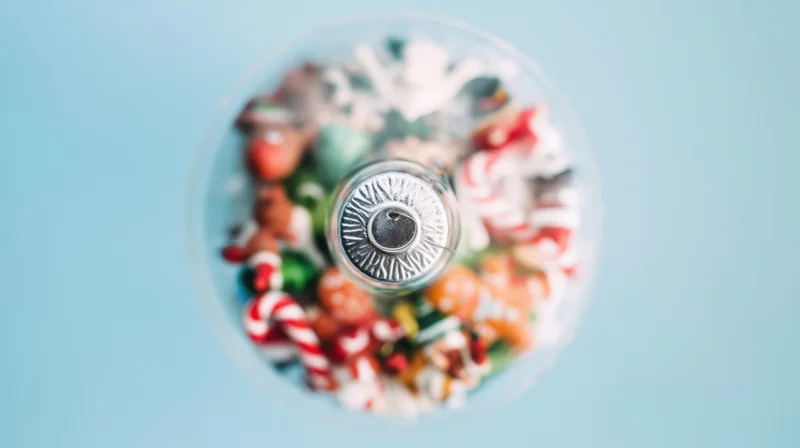 Overhead view of a glass bowl filled with colorful christmas ornaments and candy canes on a blue background