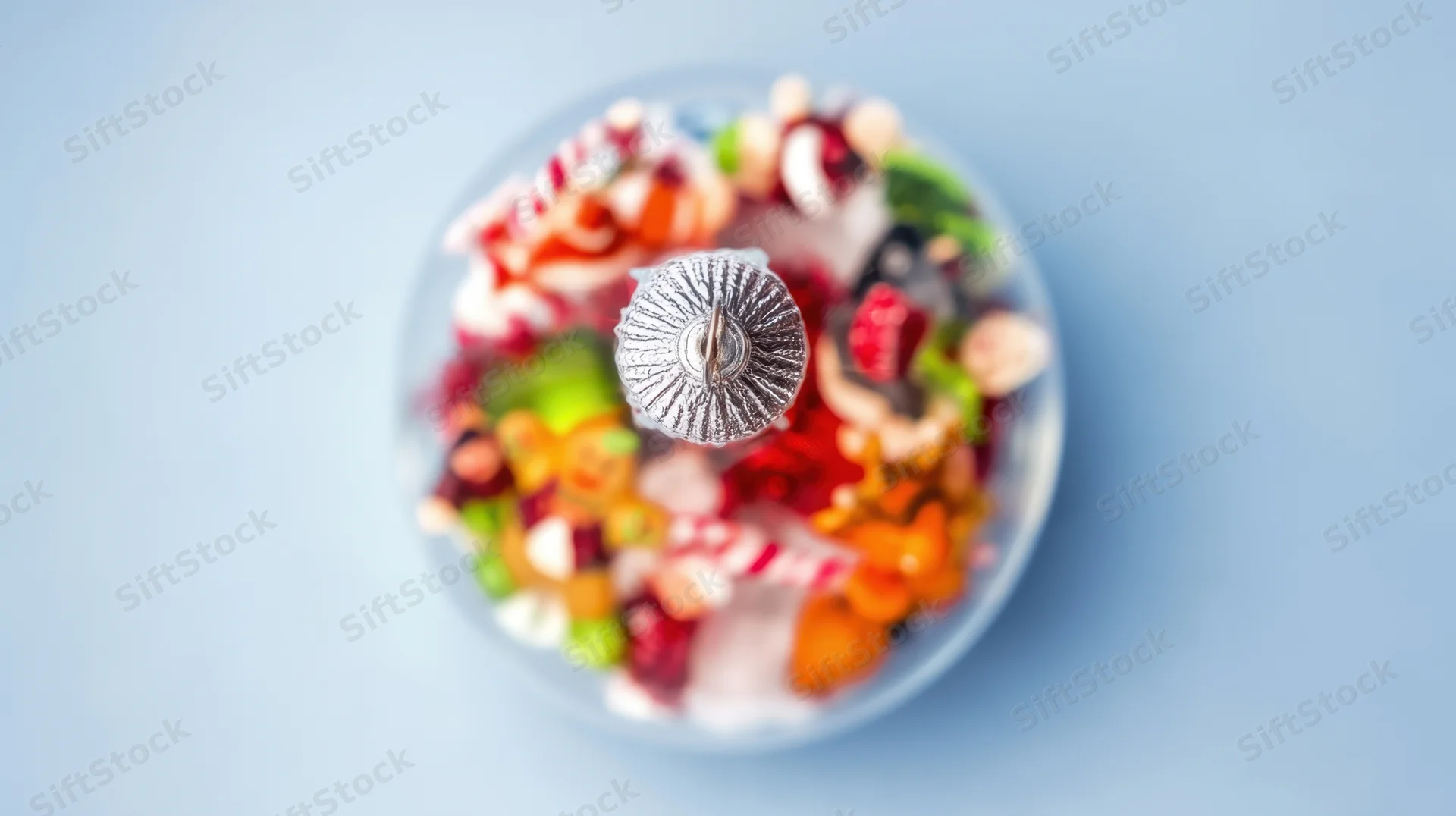 Overhead view of a christmas ornament filled with colorful candies and sweets in a clear bowl on a blue background