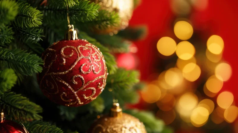 Red and gold glitter ornaments hanging on a christmas tree branch with blurred lights in the background