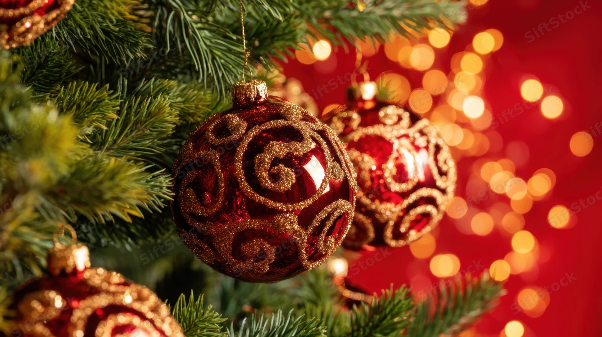 Red and gold ornaments hanging on a christmas tree with blurred lights in the background