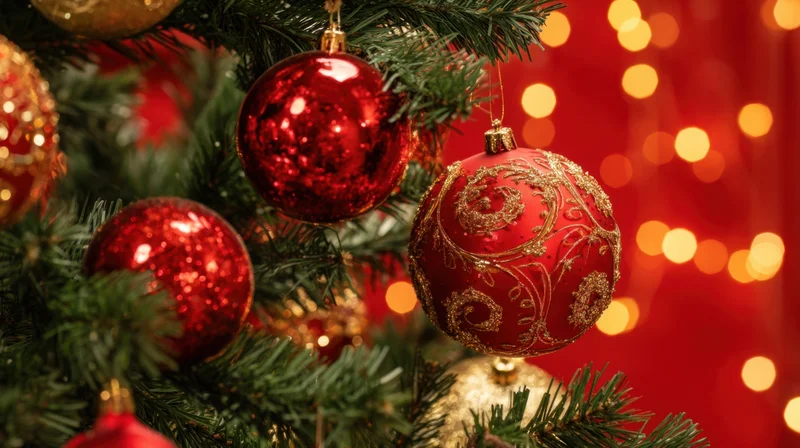 Beautifully decorated Christmas tree adorned with shiny red