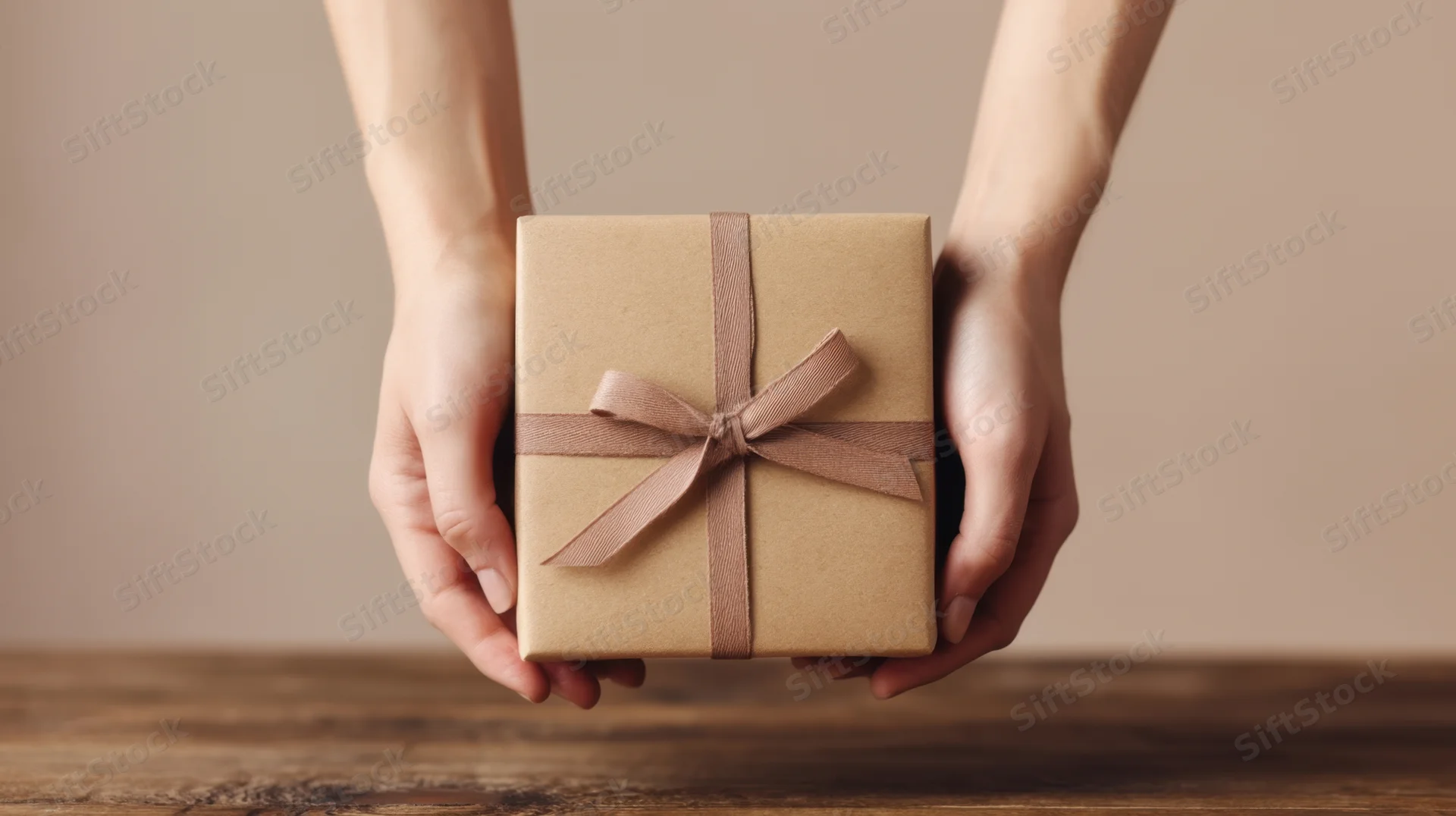 Hands holding a kraft paper gift box with ribbon bow on wooden table