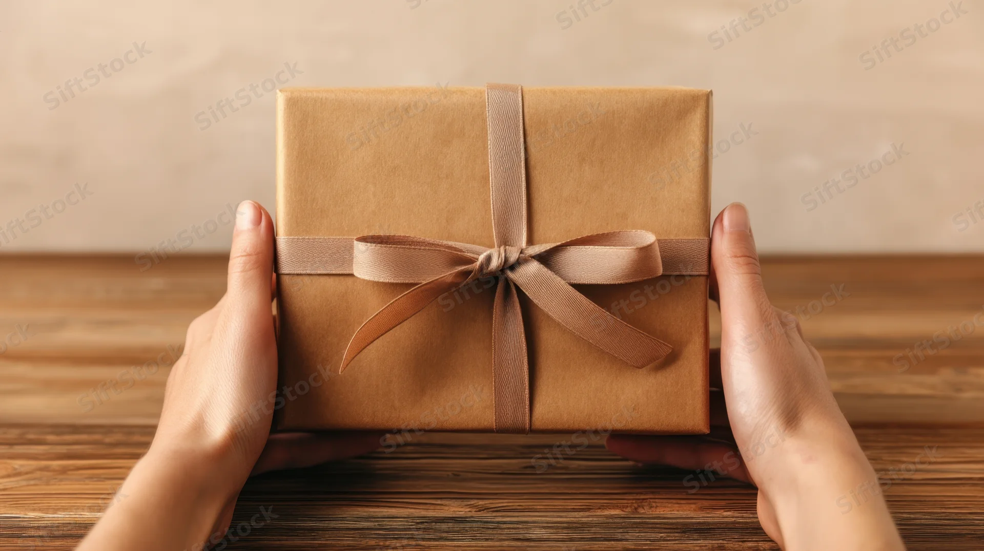 Hands holding a brown paper gift box with ribbon bow on wooden table