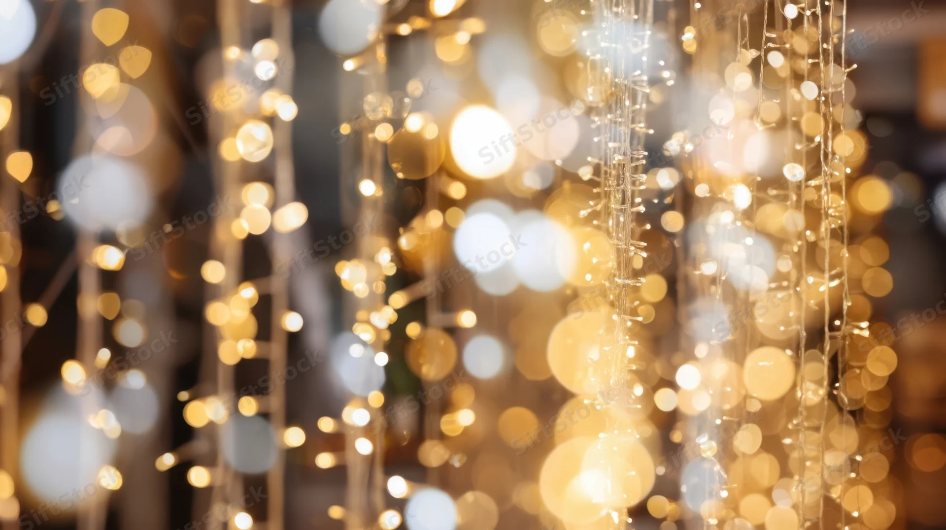Blurred golden bokeh lights hanging as festive decoration in an indoor setting