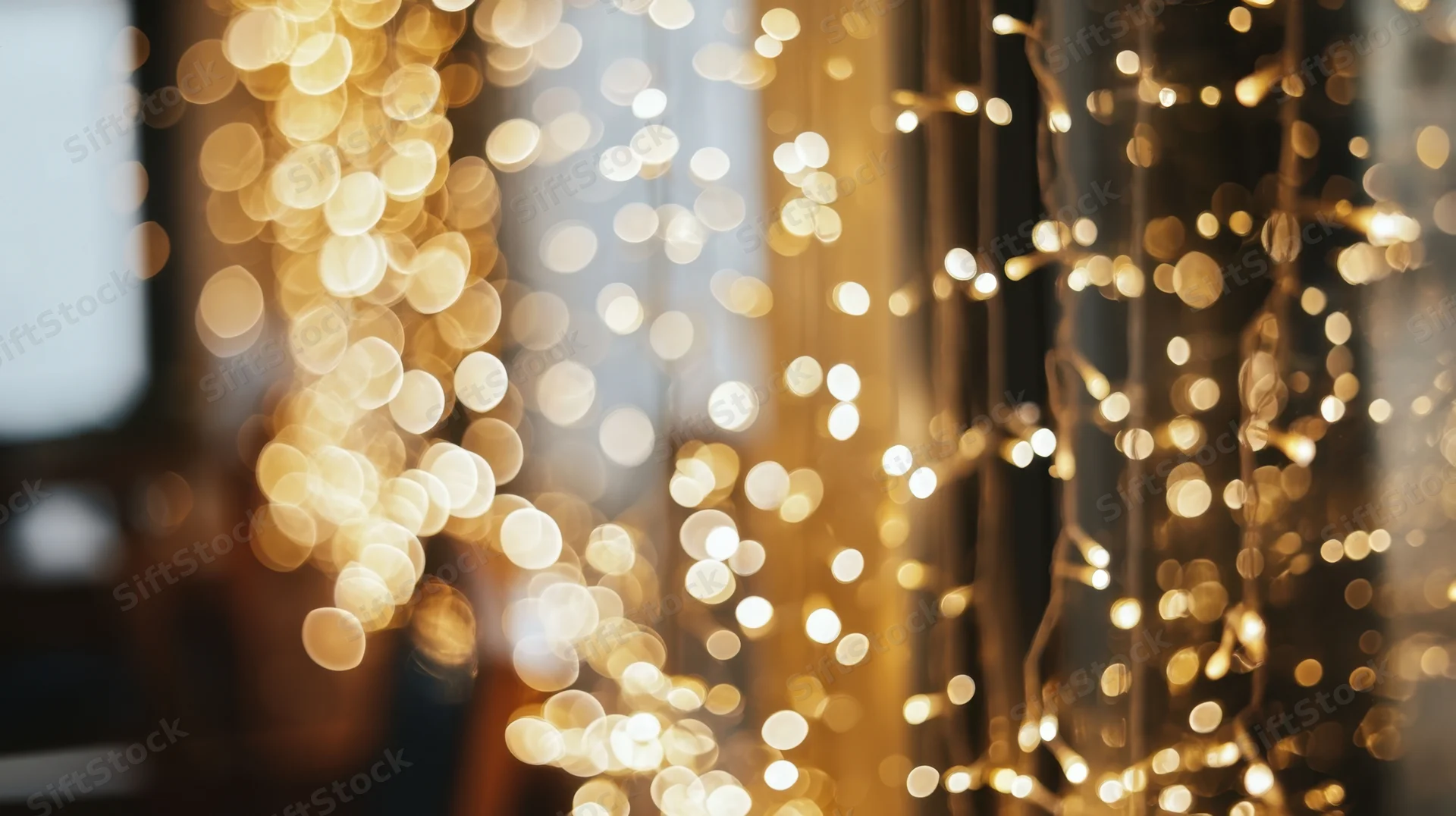 Blurred golden bokeh lights from string decorations in an indoor setting