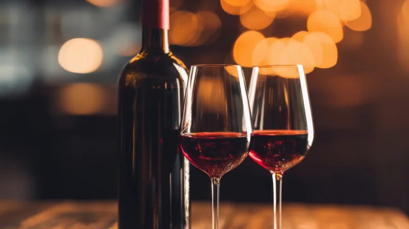 Bottle of red wine and two filled wine glasses on wooden table with warm bokeh lights in background