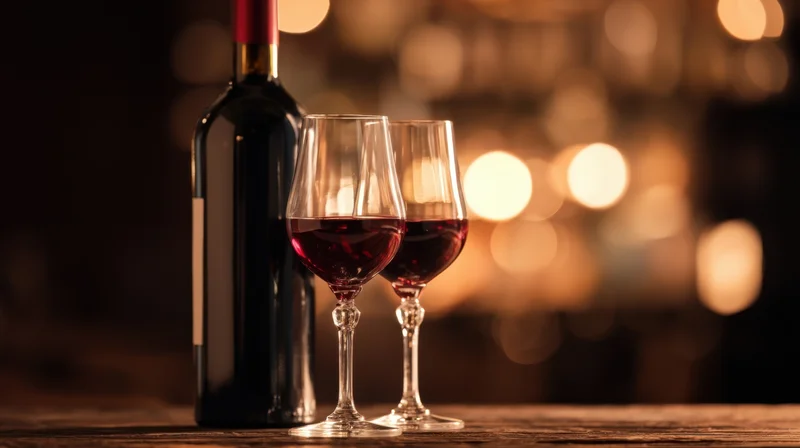 Bottle of red wine and two filled wine glasses on wooden table with warm bokeh lights in background