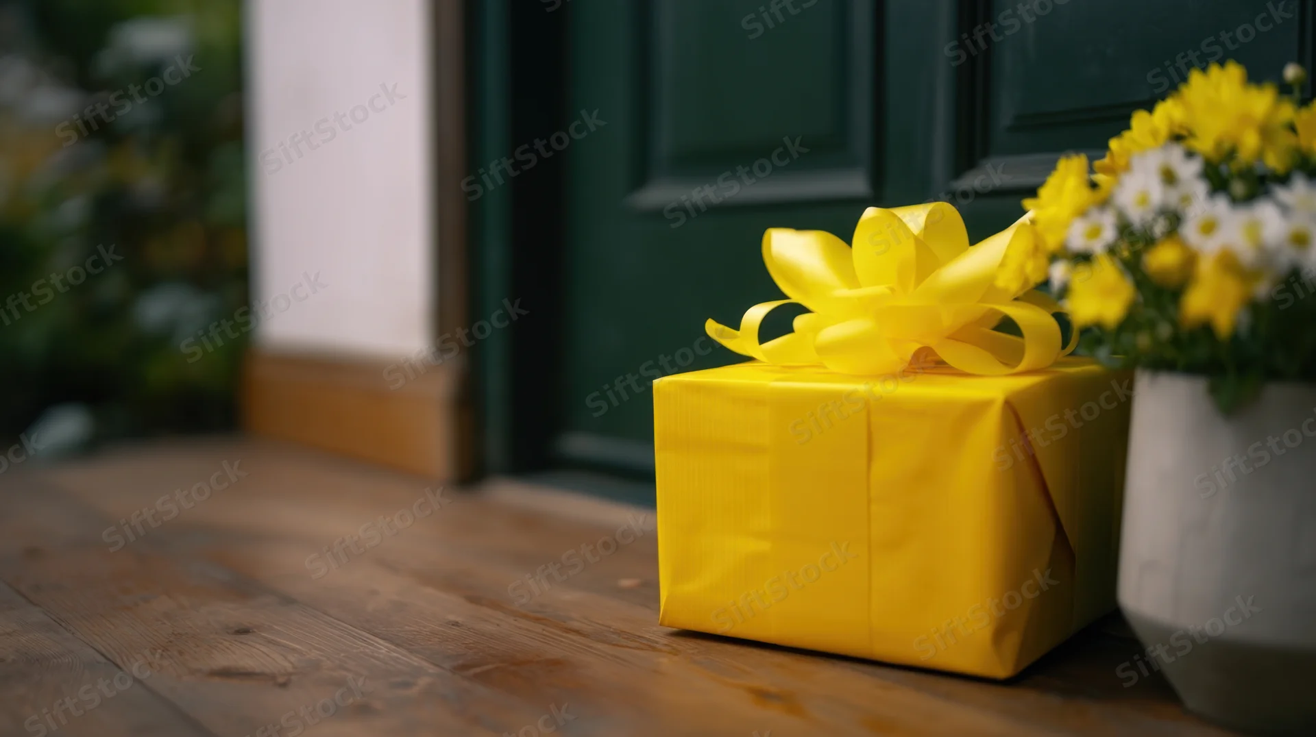 Yellow gift box with bow on wooden porch beside flowers and green door