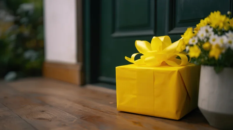 Yellow gift box with bow on wooden porch beside flowers and green door