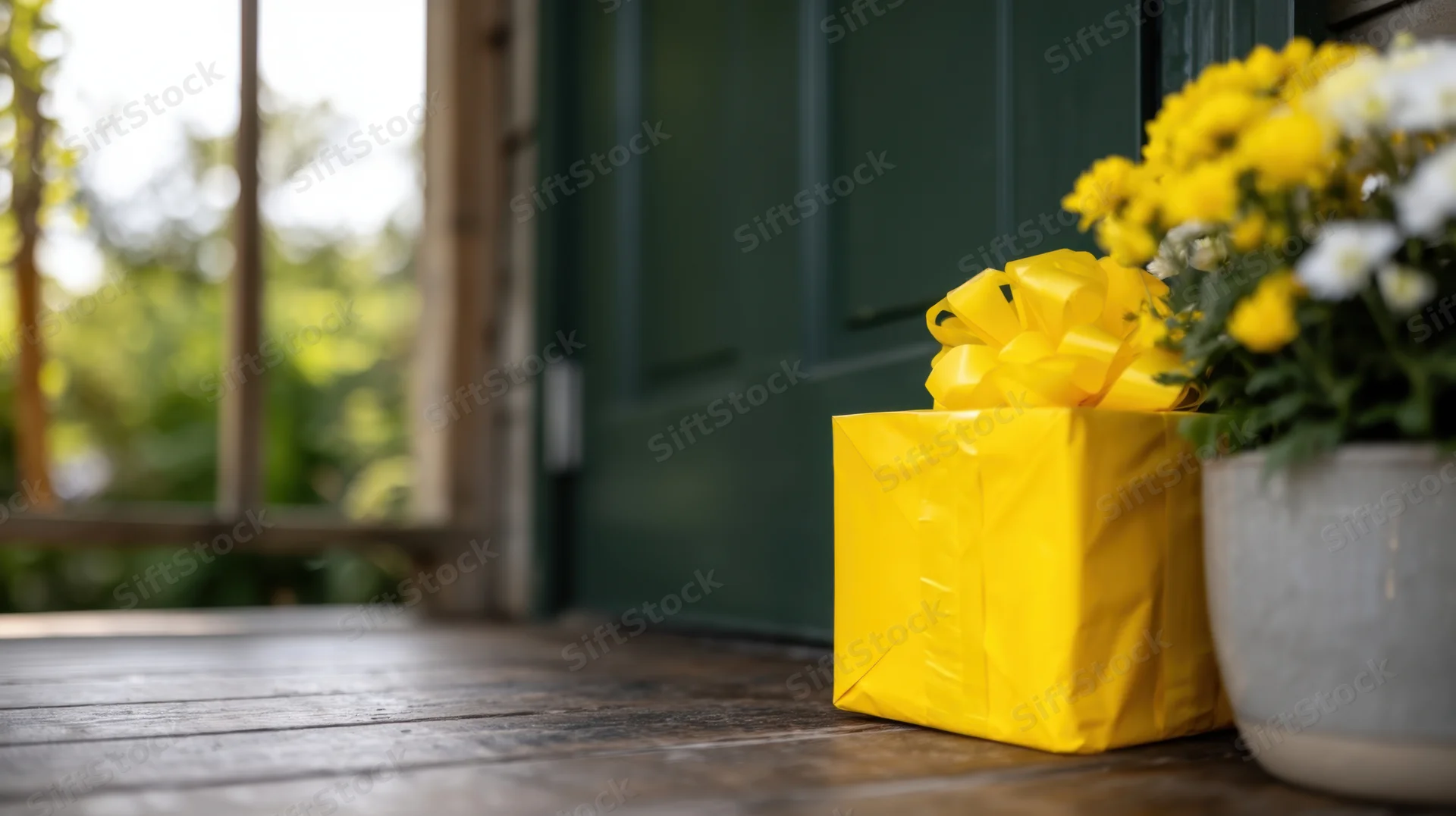 Yellow gift box with bow on porch beside flowers and green door