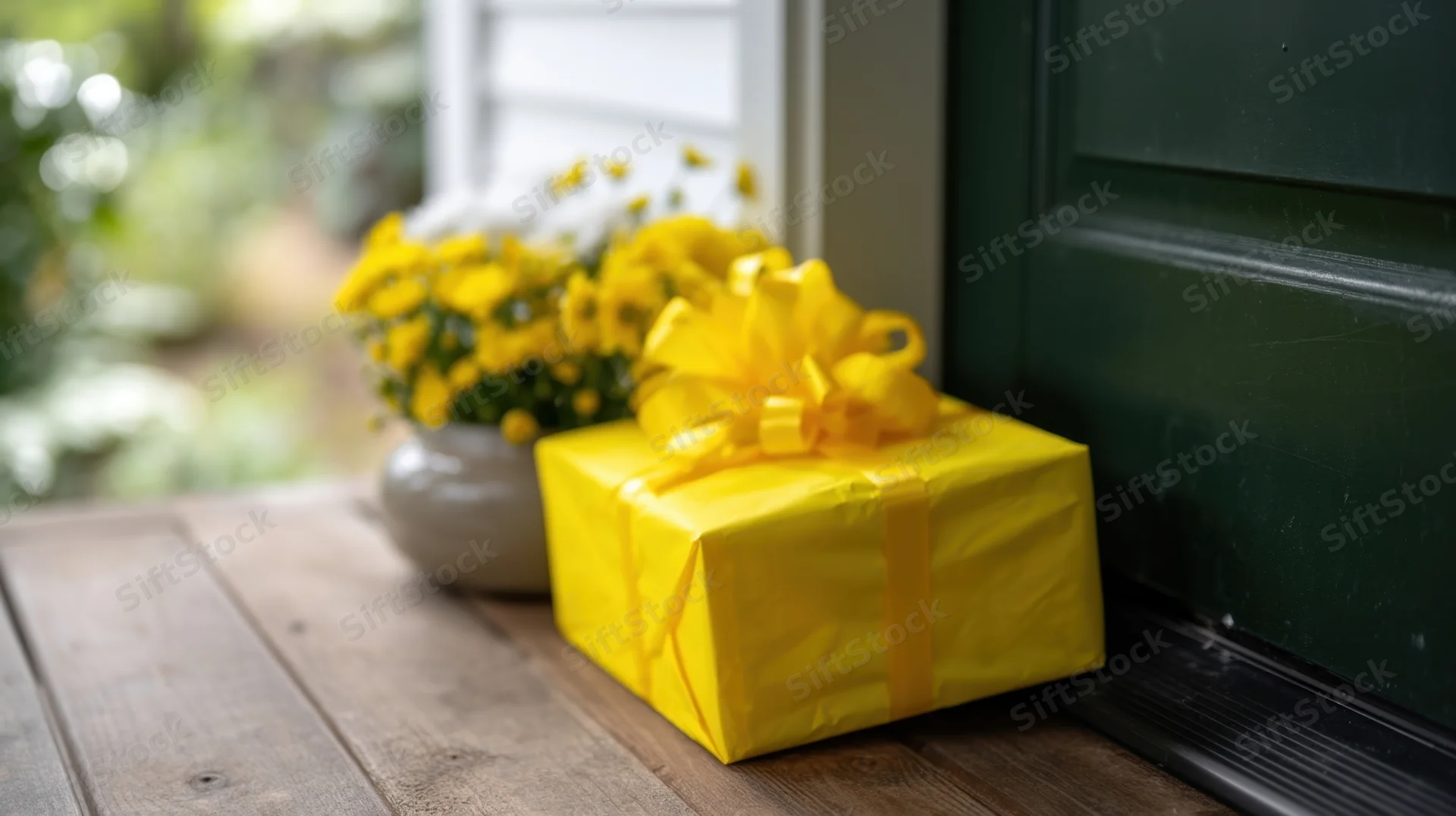 Yellow gift box with bow on wooden porch beside green door and flowers