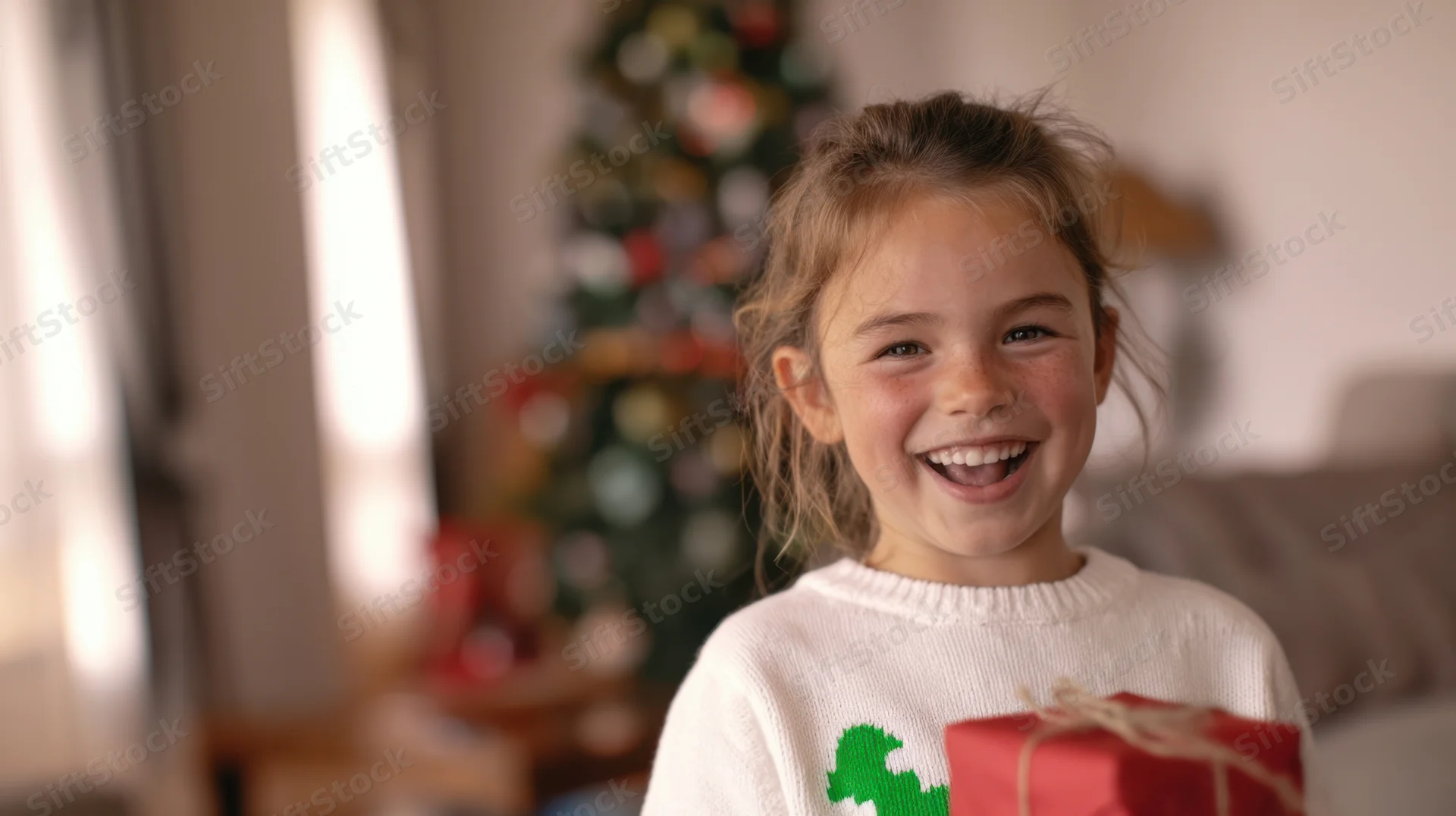 Young girl smiling while holding a wrapped gift in front of a decorated christmas tree indoors